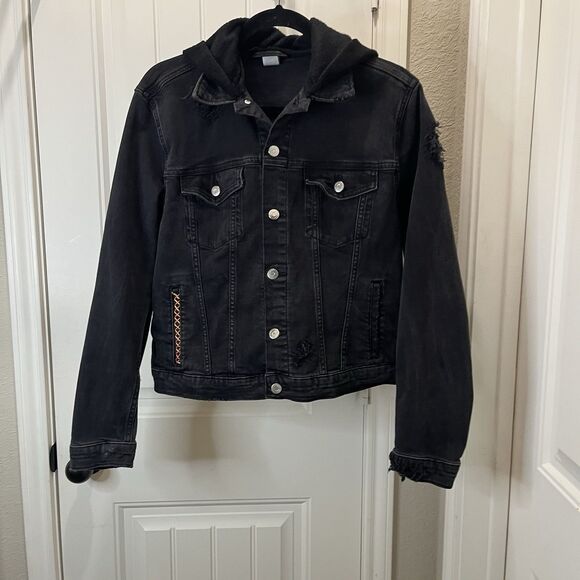 H&M Black Denim Jean Bad Vibes Check Your Ego Graphic Jacket Womens Size L - Picture 2 of 11